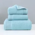 Light blue pure cotton bath towel set, 3-piece soft fluffy towel stack for bathroom. - Green