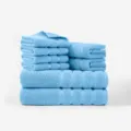 Variante d'ensemble de serviettes 8 pièces en coton uni bleu clair de qualité. - Bleu ciel / 140x70x2 pcs, 72x34x2 pcs, 34x34x4 pcs