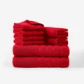 Red cotton towel set, 8 pieces including bath towels, hand towels and face cloths for home use. - Bright Red / 140x70x2 Pcs, 72x34x2 Pcs, 34x34x4 Pcs
