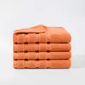 Set of 4 orange cotton bath towels, solid color striped design for home use towels. - Coral Orange