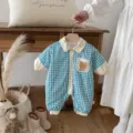 Thickened baby jumpsuit winter cute plaid romper toddler warm fleece-lined bodysuit detail - 66cm / Blue