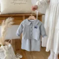 Graues Kleinkind Mädchen Langarmshirt und Schlaghose Set Detail mit süßem Puppenkragen. - 73cm / Grau