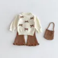 Kleinkind Mädchen Strickpullover und Schlaghose Outfit mit süßen Schleifen und Tasche. - 66cm / Gebrochenes Weiß