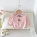 Cute baby girls knit cardigan pink sweater with delicate lace collar and sweet cherry details. - 73cm / Pink