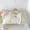Infant baby girl knit cardigan sweater, cute lace collar and cherry details, soft fabric cozy daily wear - 73cm / Off White