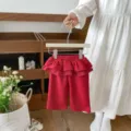 Toddler girls red casual ruffle waist pants cute autumn trousers comfortable daily wear apparel - 73cm / Bottoms