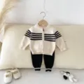 Infant baby knitwear set zip cardigan and trousers two-piece outfit detail view - 73cm / Set / Off White