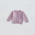 Baby girl knitted cardigan detail view, sweet purple sweater with cute heart and bow design. - 73cm / Purple