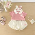 Conjunto de verano lindo para bebé niña con camiseta de cuello de conejo y bombachos. - 73cm / Conjuntos / Rosa