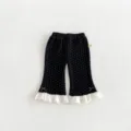 Toddler girls black polka dot flared pants with cute white lace ruffle hem and sweet bows. - 73cm / Black