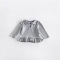 Baby polka dot long sleeve top toddler cute peter pan collar ruffled hem cotton shirt - Gray / 73cm