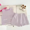 Toddler girl autumn tweed outfit set featuring a chic purple vest and matching shorts detail. - 66cm / Set / Purple Set