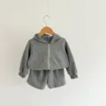 Close-up detail of gray infant waffle knit zip hoodie and shorts set, soft cotton texture. - 80cm / Top And Bottom / Gray