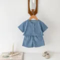 Close-up detail view of the infant denim short sleeve shirt and shorts set with wooden buttons. - 66cm / Set