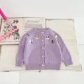 Infant baby girl knitted cardigan sweater with handmade floral embroidery and cute dots. - 66cm / Cardigans / Purple
