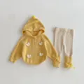 Detailed shot of cute toddler girls spring knitted two-piece set with 3D hearts and hood. - 73cm / Top And Bottom / Yellow