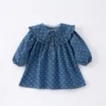 Infant baby girl denim dress long sleeve cute bow print ruffled collar toddler clothes - 80cm / Dresses