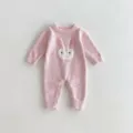 Cute pink fleece baby romper with adorable bunny embroidery, long sleeves, warm autumn wear. - 66cm / Pink