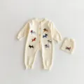 Infant baby knit romper and hat set featuring cute embroidered dog patterns for autumn outdoor wear. - Off White / 66cm