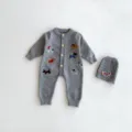 Infant knitted romper detail showing cute puppy embroidery and matching hat in soft grey. - Gray / 66cm