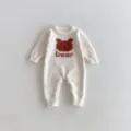 Thickened fleece baby winter romper with cute bear graphic, soft warm long sleeve crawler for infants - 66cm / Off White
