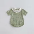 Cute baby knit romper with ruffled collar and sweet cherry pattern, ideal cute summer wear. - 66cm / Green