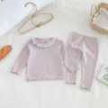 Baby girl fall cute doll collar ribbed long sleeve top and leggings two-piece set - 66cm / Light Purple