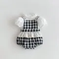 Infant baby girl summer black white plaid romper and ruffled short sleeve top set - Set