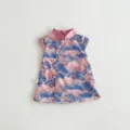 Detailed view of summer baby girls qipao dress, wave print, stand collar, delicate pearl buttons. - 73cm / Pink