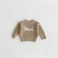 Baby girls knit sweater, cute letter embroidery and floral detail, soft crewneck pullover top. - 66cm / Khaki
