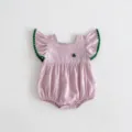 Pink baby girl romper detail, ruffled green trim sleeves and cute berry embroidery. - 66cm / Light Purple Romper