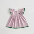 Cute pink baby toddler girl dress with green ruffle trim summer detail view product display - Light Purple Dress