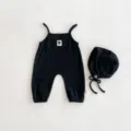 Baby black ribbed romper and bonnet set, cute cat patch, comfortable infant autumn clothing. - 66cm / Dark Gray