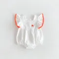 White baby romper detail, cute square neck with orange pom-pom flutter sleeves, summer wear. - 66cm / White Bodysuit