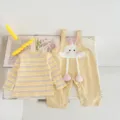 Details view of cute baby toddler clothing set with striped long-sleeve top and rabbit overalls. - 66cm / Top And Bottom / Yellow Set