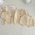 Set cardigan pantaloncini sciarpa in maglia per neonato, comodo vestito invernale per bambini. - Set / Conchiglia Naturale / 66cm