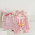 Detail shot of the cute toddler girl pink striped top and rabbit overalls set featuring playful design. - 66cm / Top And Bottom / Pink Set
