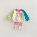 Baby girl spring color-block sweatshirt and striped leggings two-piece cute toddler outfit set - 73cm / Apricot
