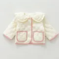 Quilted baby jacket detail, cute ruffles collar and pink trim, cozy winter toddler outwear. - 73cm / Beige