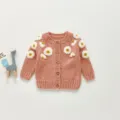Cute baby knitted cardigan with handmade daisy embroidery, soft long sleeve infant sweater. - 73cm / Pink