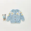 Baby blue knit cardigan sweater featuring cute white daisy floral embroidery and wooden buttons. - 66cm / Blue