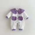Baby quilted jumpsuit, purple collar floral embroidery design, winter warm baby girl romper variant. - 66 / White Purple