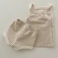 Adorable ensemble débardeur et short en coton pour bébé, tenue d'été confortable. - 66cm / Haut Et Bas / Plaid Gris Foncé