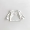 White baby toddler girl long sleeve top with delicate lace ruffle collar knit shirt - 73cm / Tops / White
