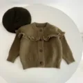 Infant toddler knit cardigan set with cute ruffles and matching beret hat, stylish spring outfit. - 66cm / Tops / Olive Green