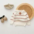 Infant knit sweater detail showing striped design, lapel collar, and matching toddler styling. - 66cm / Coffee White Stripes