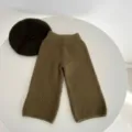 Toddler knit pants and matching beret set, cozy spring solid color baby clothing detail view. - 66cm / Bottoms / Olive Green