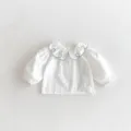 Infant baby white cotton long sleeve blouse with cute doll collar and grey embroidery detail. - 66cm / Tops