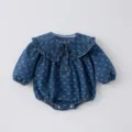 Baby girl denim romper infant long sleeve jumpsuit with cute bow print and ruffle collar. - 66cm / Jumpsuit
