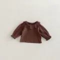 Brown baby girl long sleeve doll collar blouse, cute ruffled cuffs, toddler top for daily wear. - 73cm / Coffee Sweatshirt